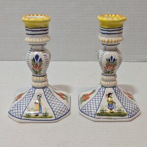 Quimper France Candlestick Holder Set Hand Painted Breton Folk Pottery